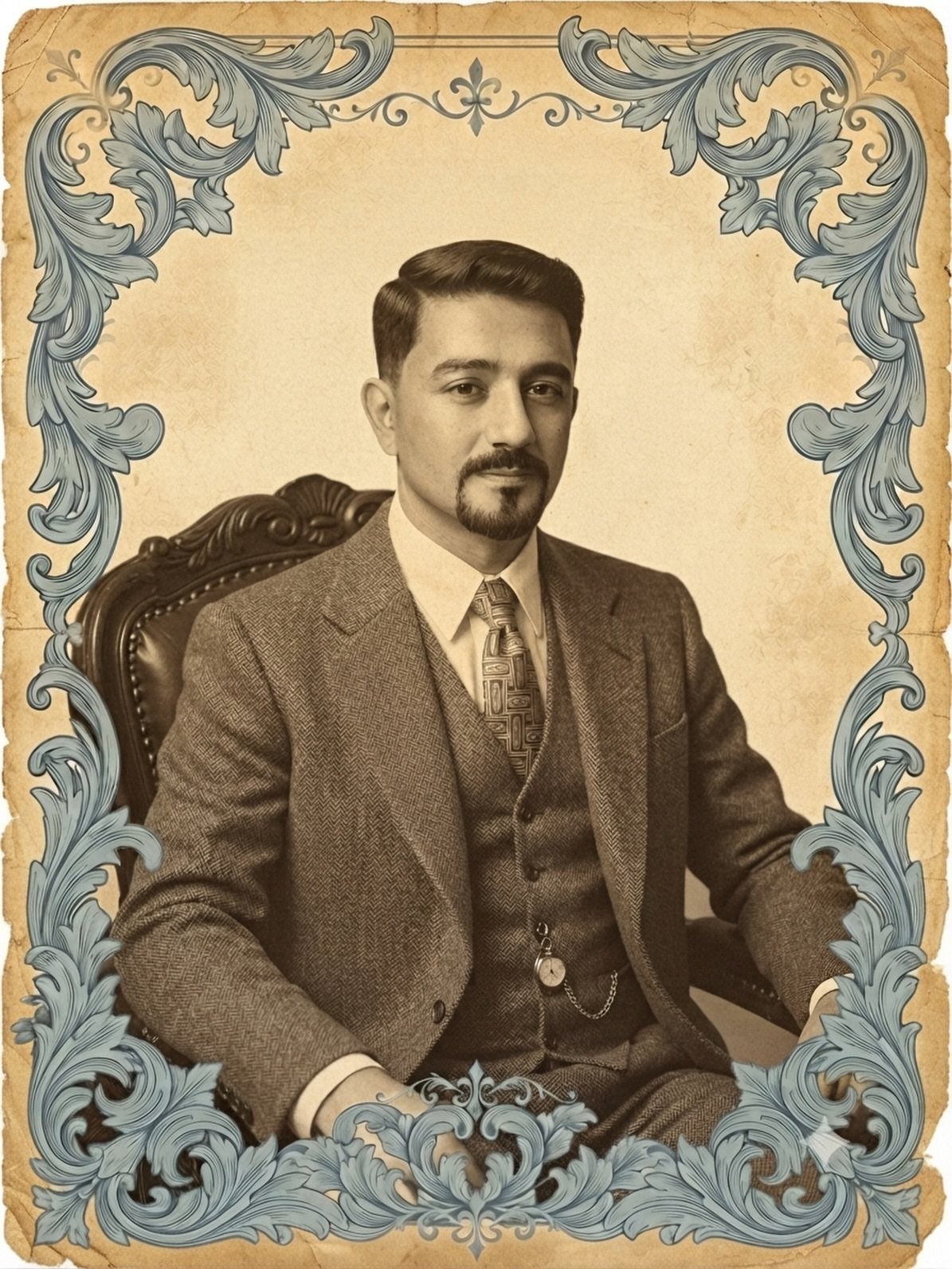 Man with a mustache and goatee wearing a vintage three-piece tweed suit and patterned tie.
