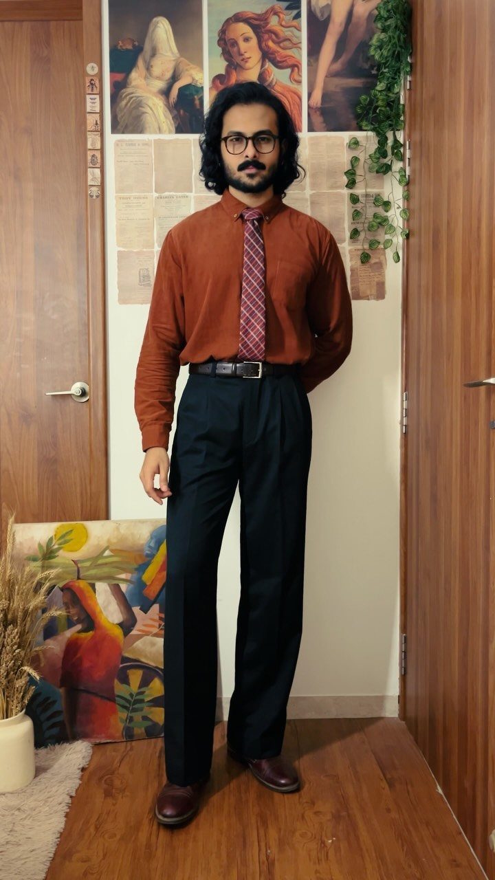 Man in an orange button-down shirt, patterned tie, and dark trousers standing indoors.