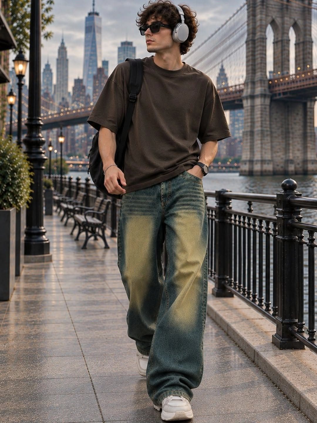 A man wearing baggy denim jeans and an oversized t-shirt walking near a city waterfront.
