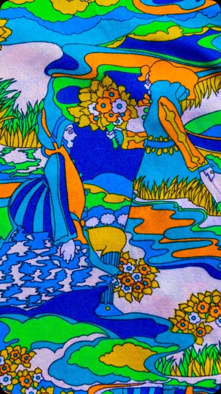 Psychedelic swirling pattern with colorful stylized figures, flowers, and landscape in blue, green, and orange.