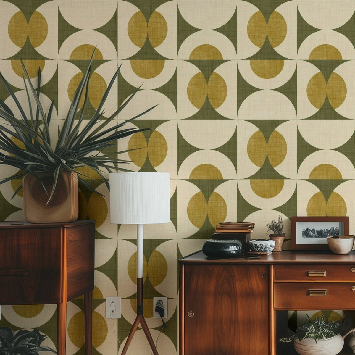 Geometric patterned wallpaper in olive, mustard, and cream behind mid-century modern wooden furniture.