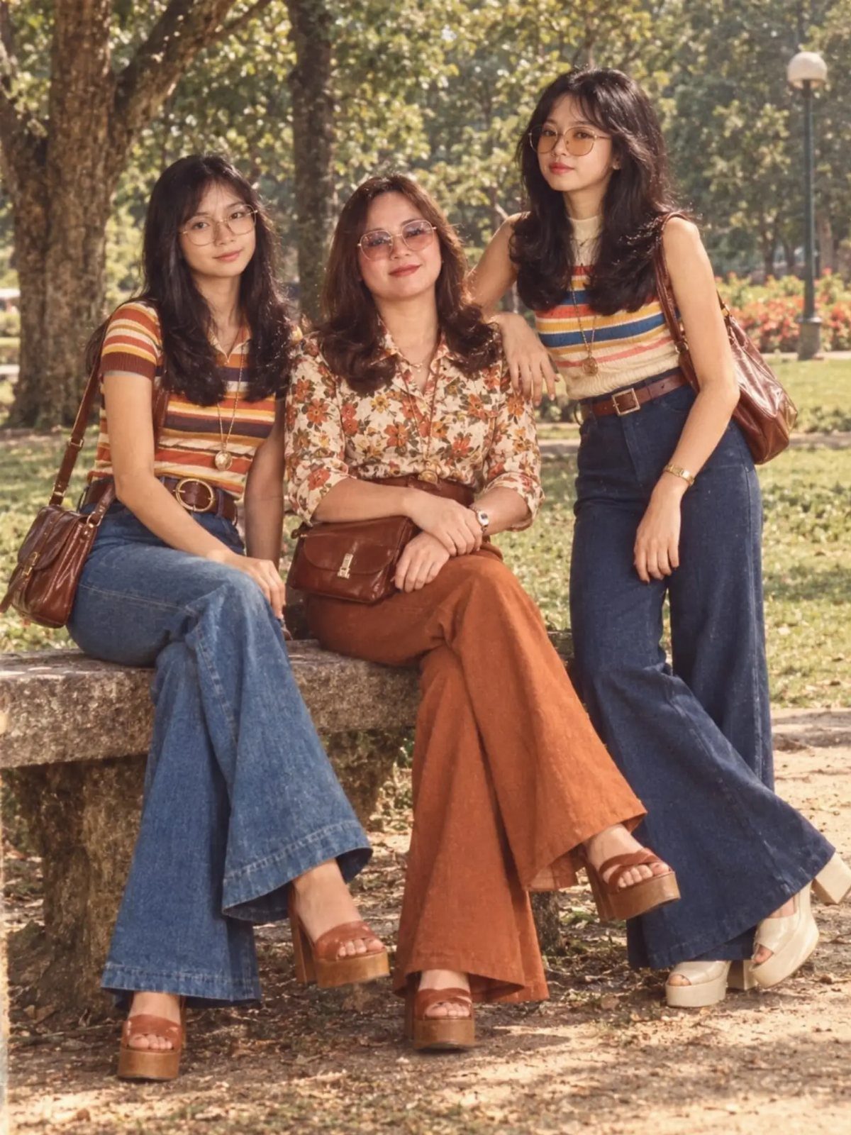 Three women wearing vintage patterned tops and high-waisted flared trousers sitting on a stone bench.