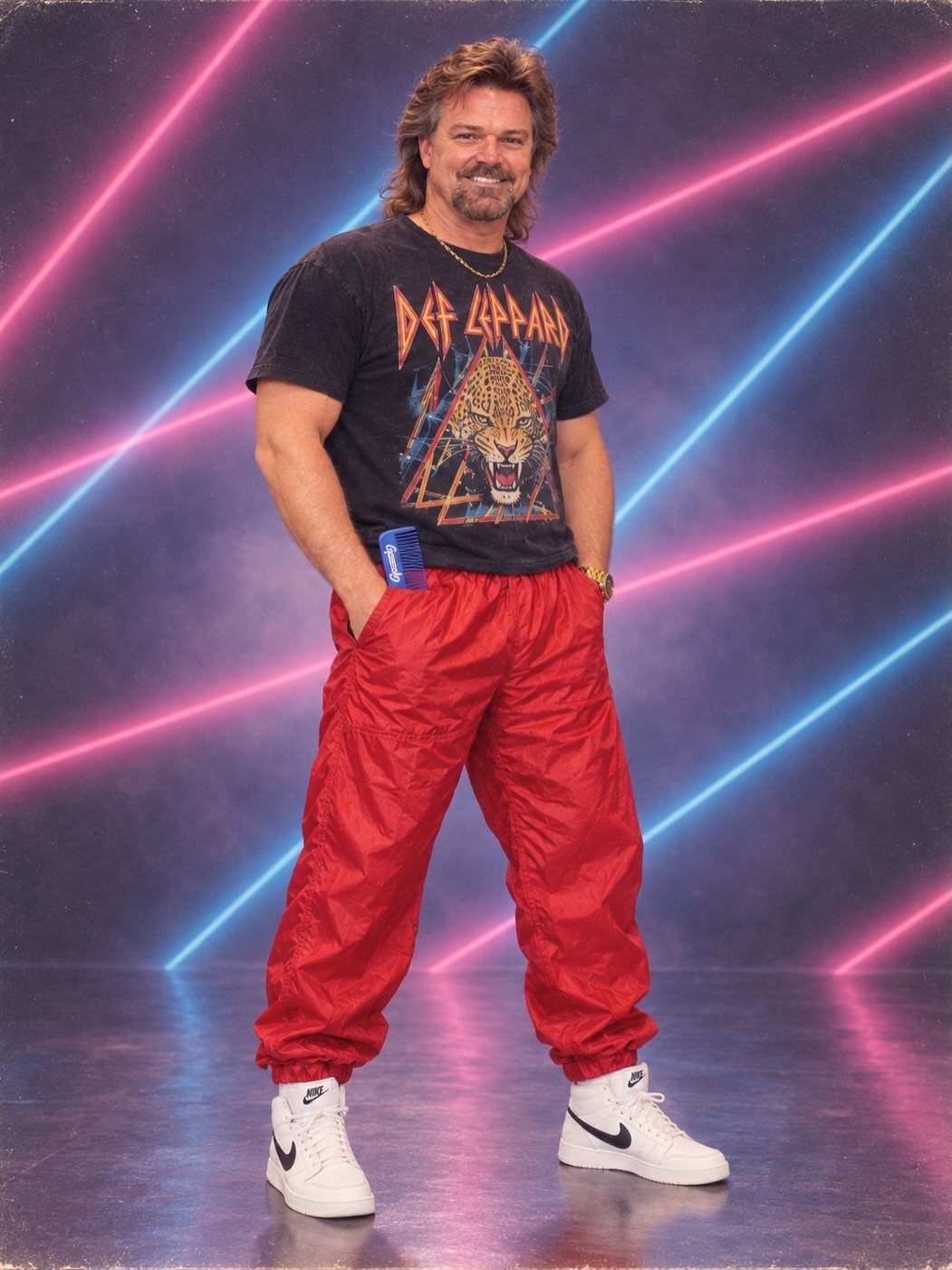 A man in a black band t-shirt and red parachute pants poses against neon light streaks.