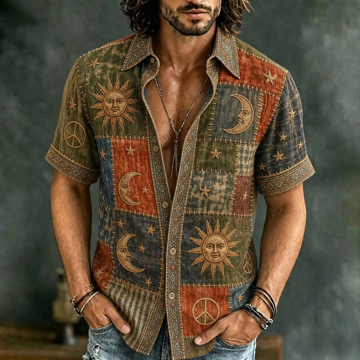 Man wearing a colorful patchwork shirt with sun, moon, and peace sign patterns.