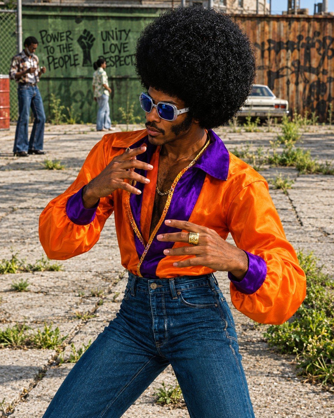 Man with a large afro wearing a bright orange and purple silk shirt and blue jeans.
