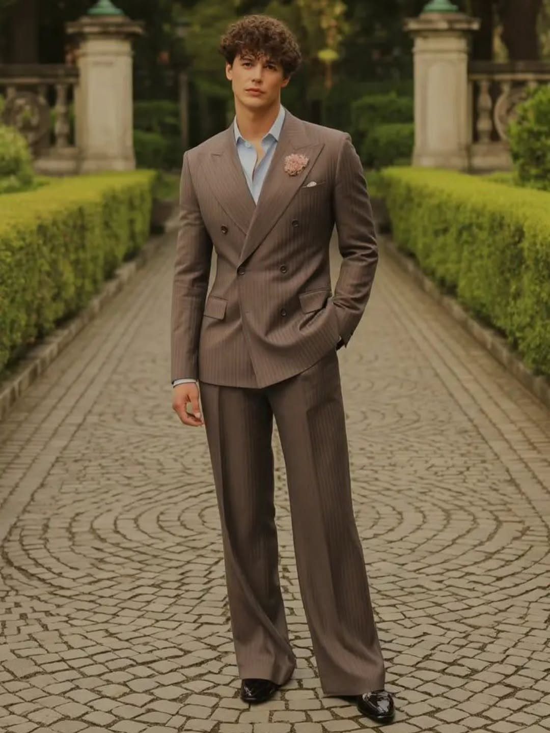 Man in a brown pinstripe suit with wide lapels standing on a cobblestone path.