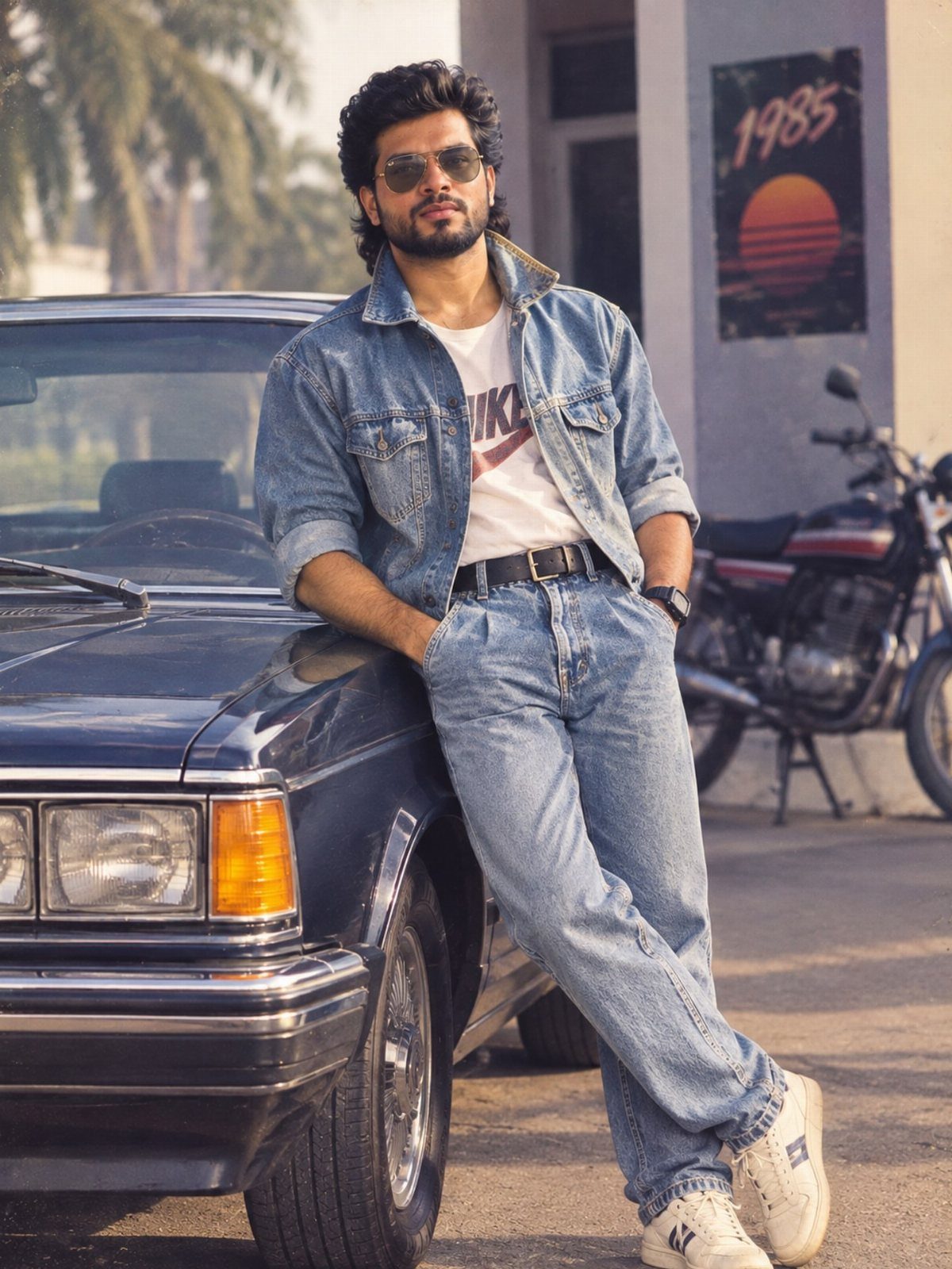 Man in denim jacket and jeans leaning against a vintage car outdoors.