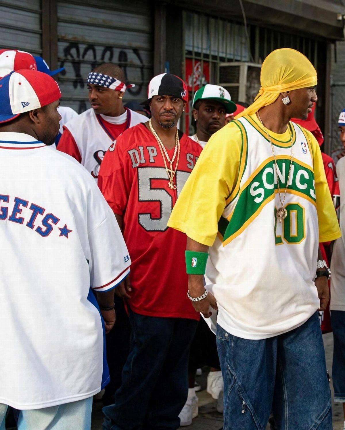 Men in oversized jerseys, bandanas, and gold chains standing in an urban street setting.