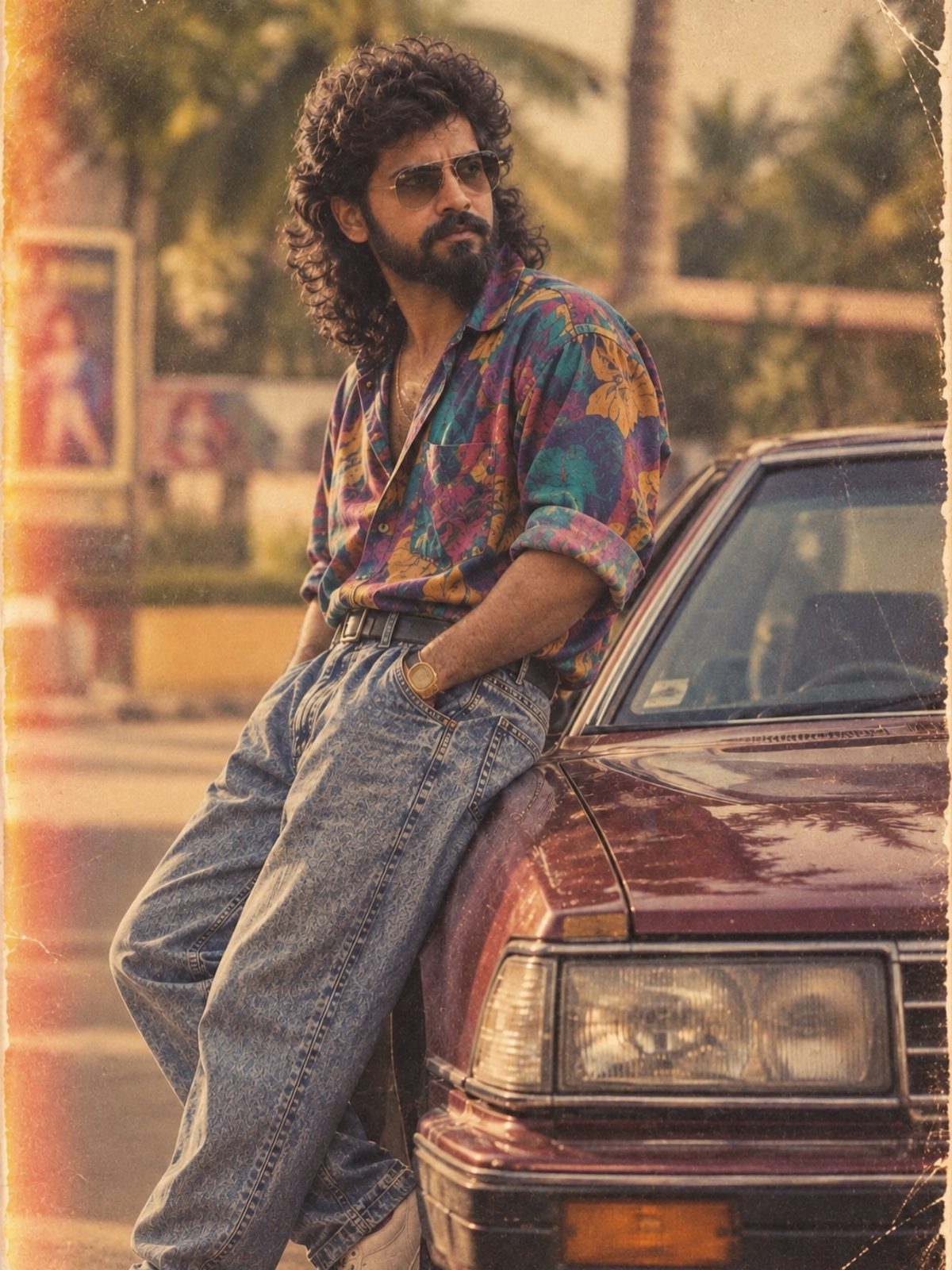 Man in a colorful oversized printed shirt leaning against a vintage car.