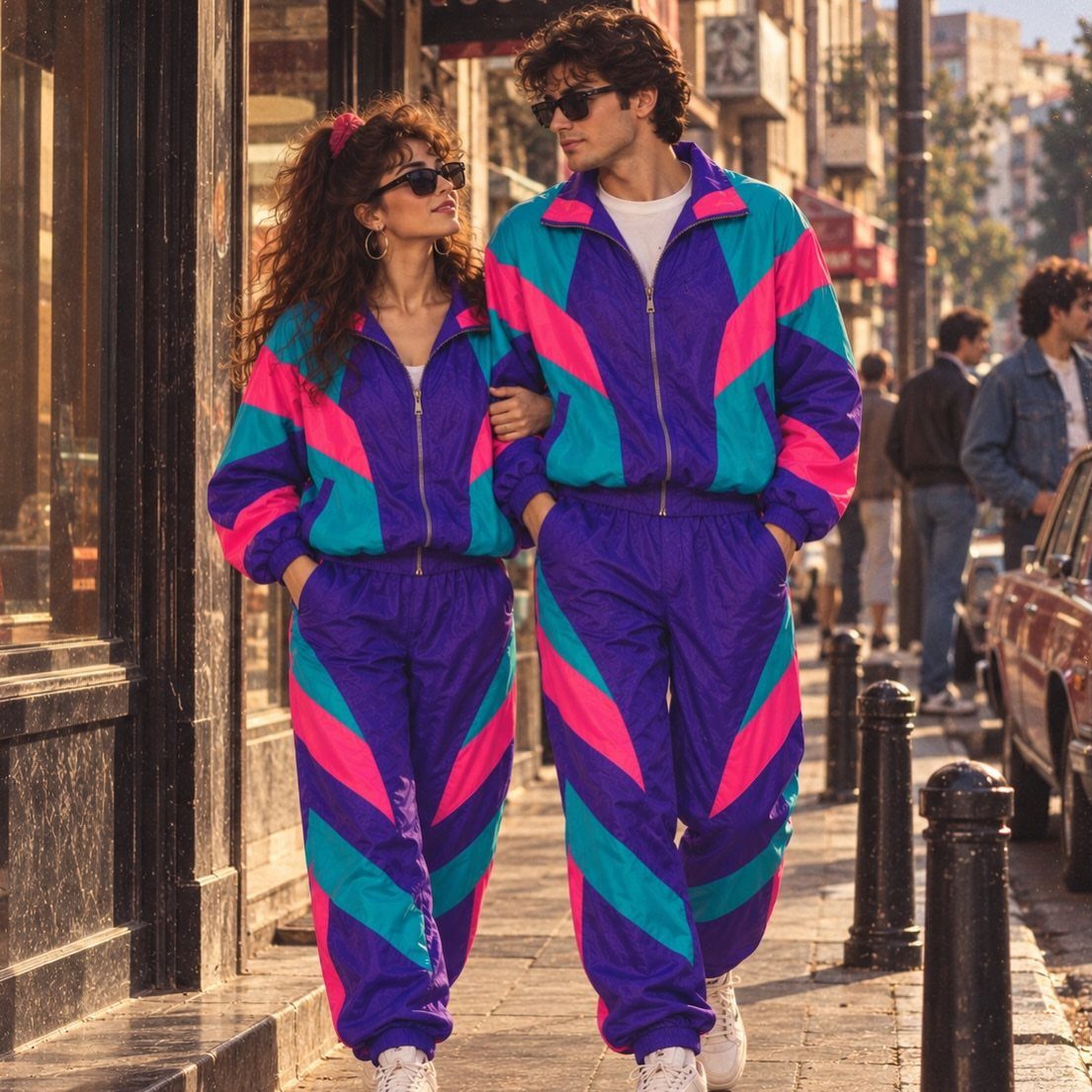 Man and woman walking in matching bright purple, pink, and teal colorblock windbreakers and joggers.