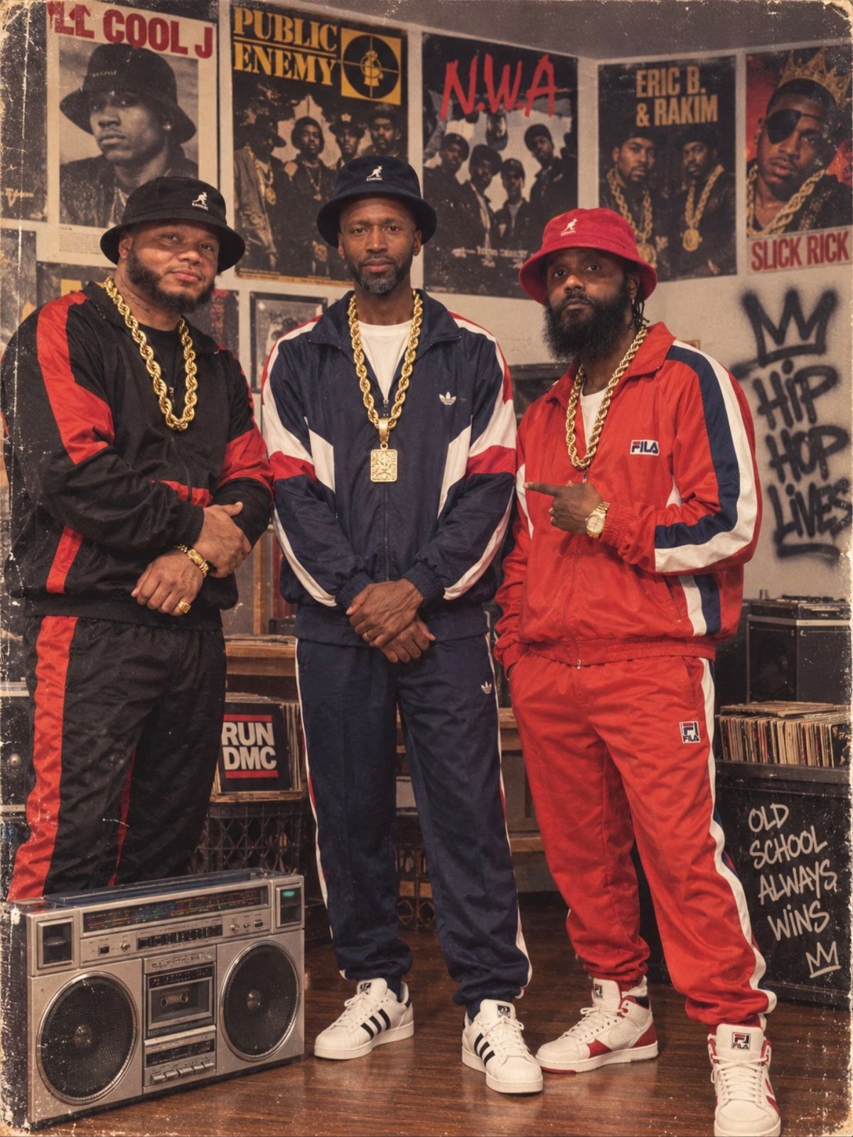 Three men in 80s hip-hop tracksuits and gold chains posing with a boombox.