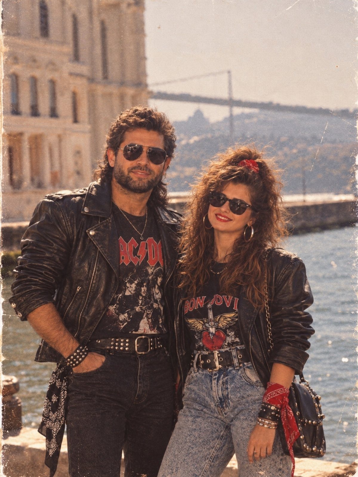 A man and woman in 80s rocker style clothing posing by a waterfront.