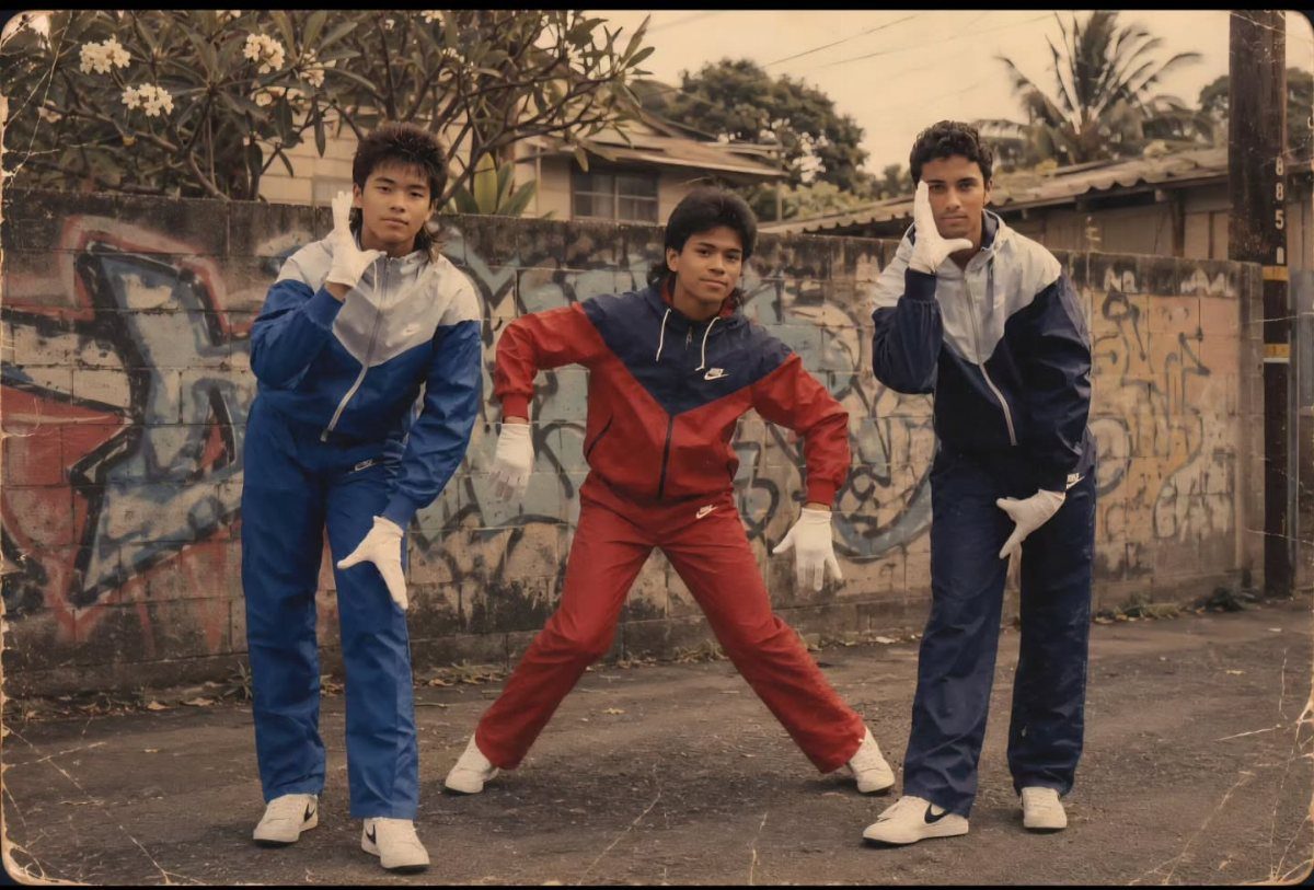 Three young men posing in colorful blue and red athletic windbreaker tracksuits against a graffiti wall.
