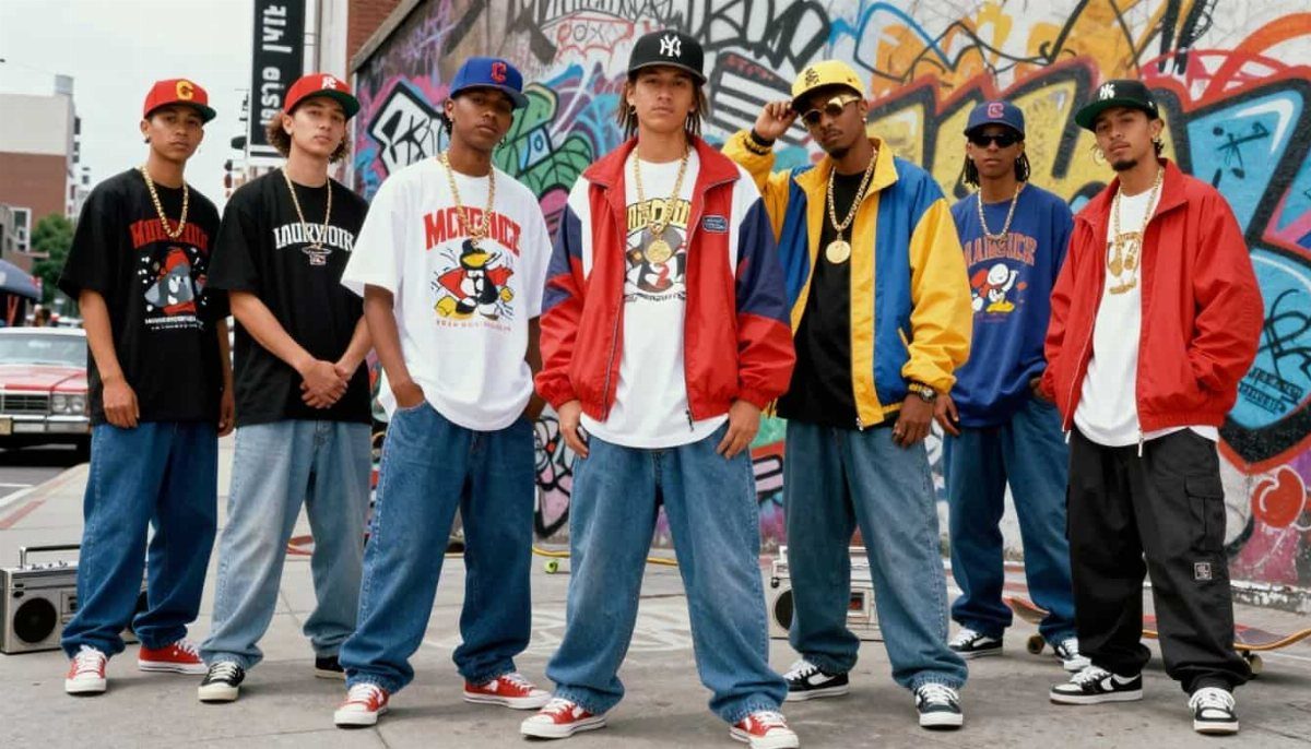 Seven young men posing in baggy 90s hip hop streetwear against a graffiti wall.