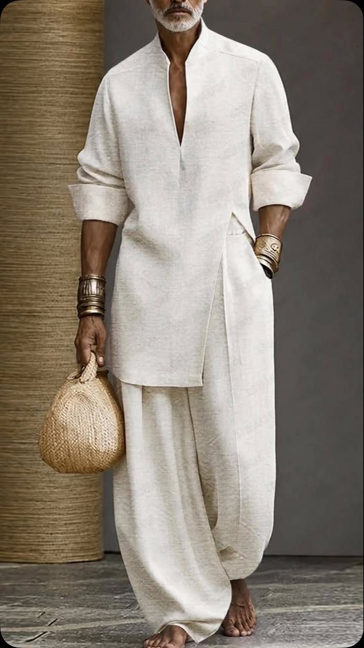 Man in cream linen tunic and loose trousers holding a woven straw bag.