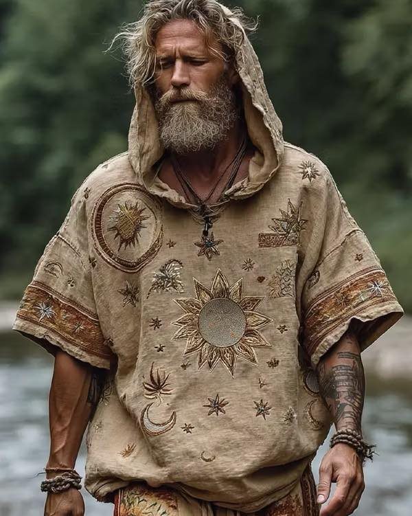Man with a long beard wearing a tan hooded tunic with celestial embroidery outdoors.