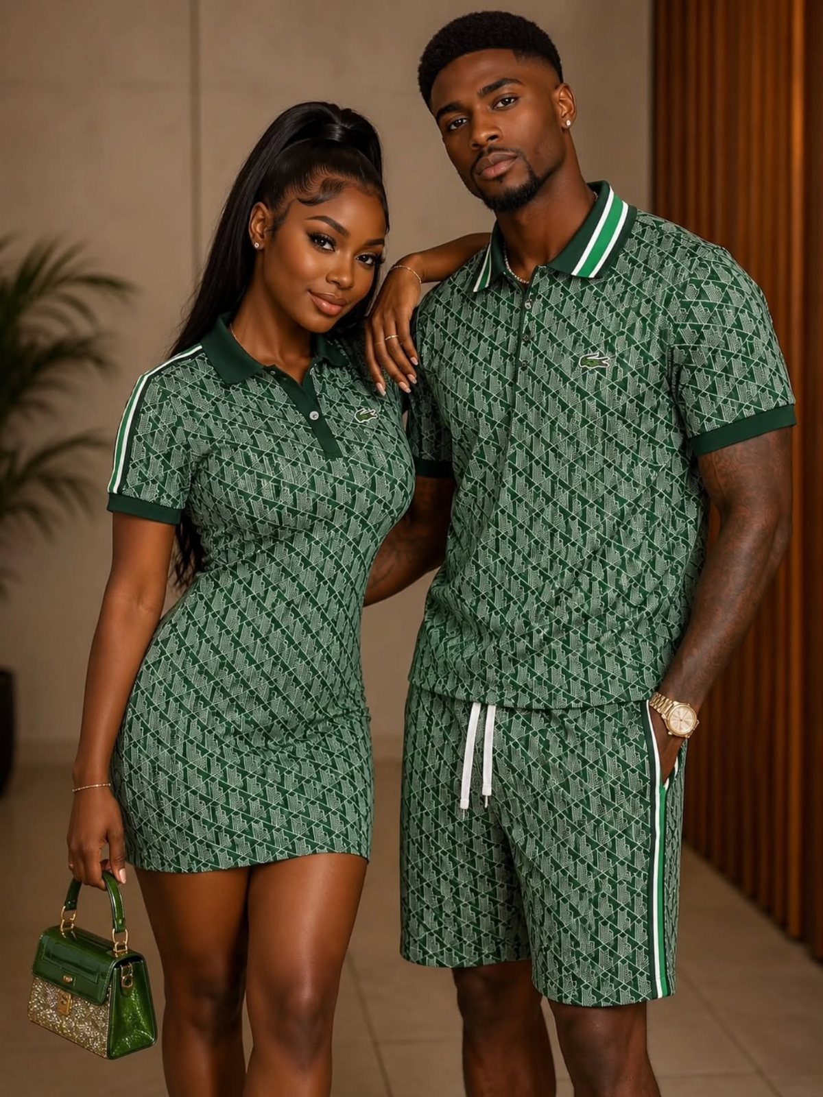A man and woman posing in matching green patterned summer outfits.