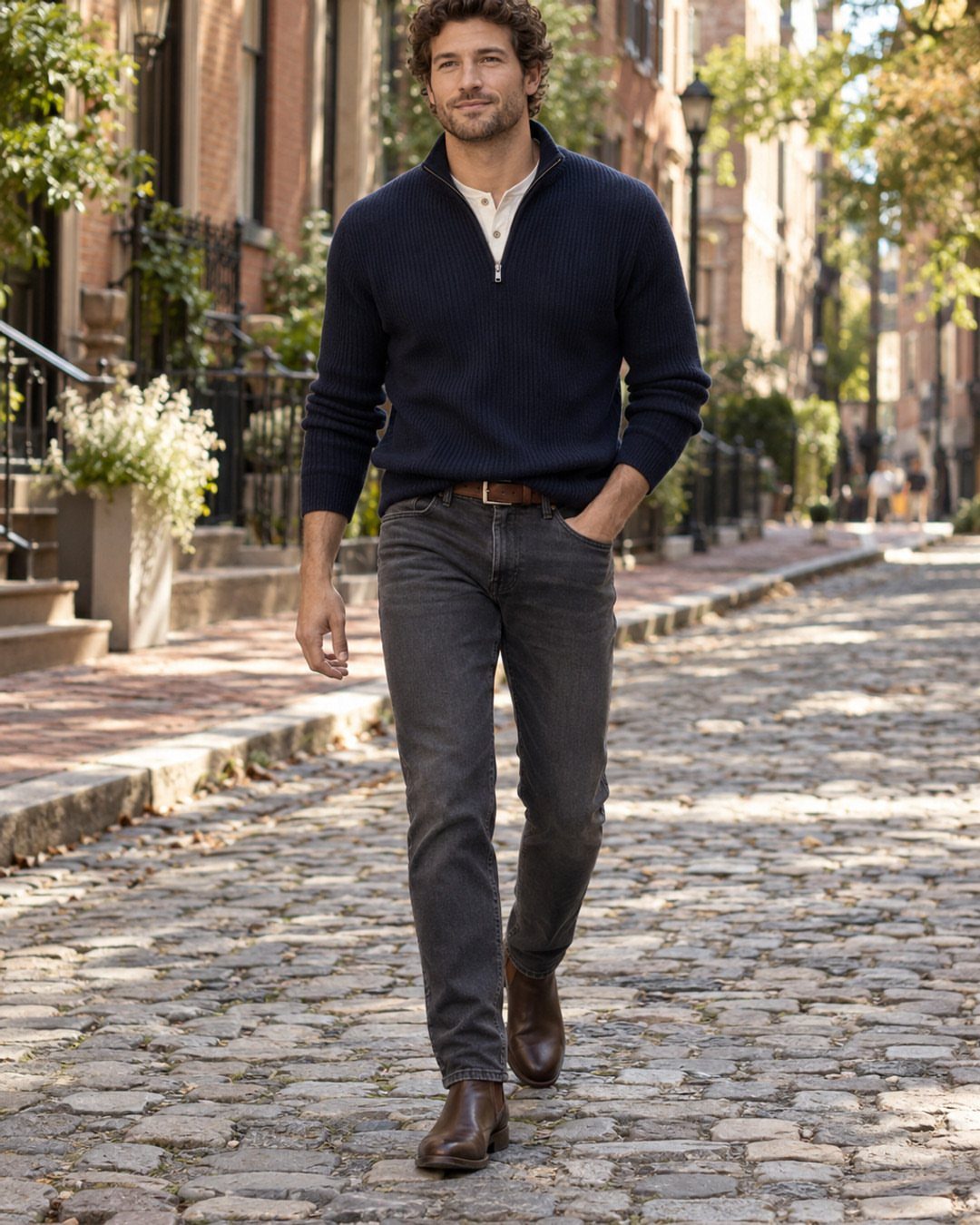 Man walking down a cobblestone street wearing a navy sweater, grey jeans, and brown Chelsea boots.