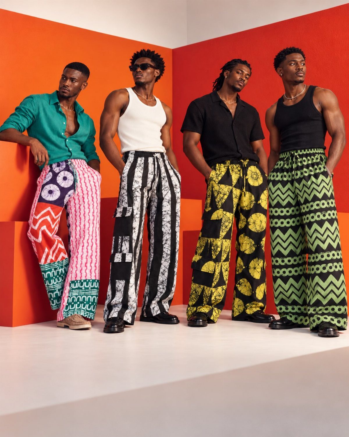 Four men posing in vibrant, patterned clothing against a bright orange studio background.