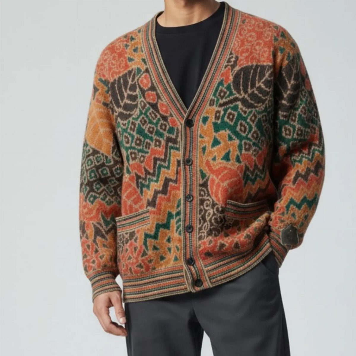 A person wearing a patterned colorful knit cardigan with orange and green geometric designs.
