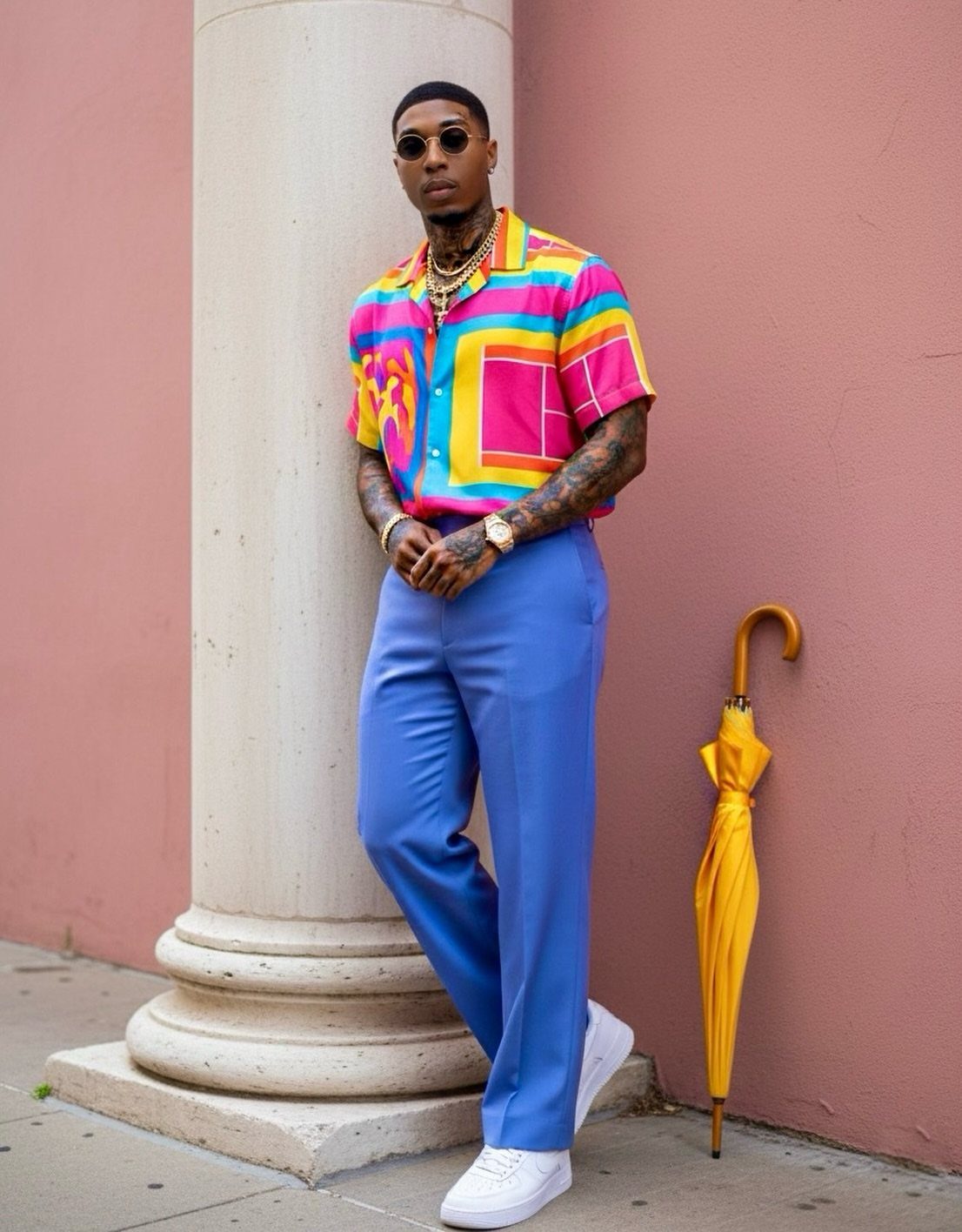 Man in a colorful patterned shirt and bright blue trousers leaning against a white column.