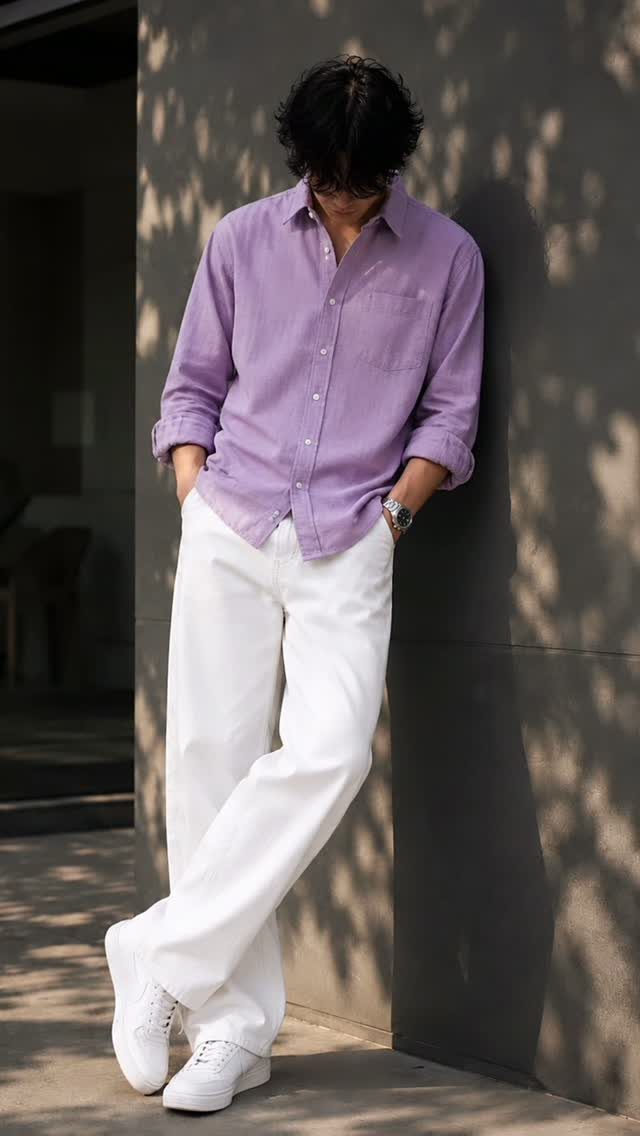 A man in a lavender shirt and white pants leaning against a dark wall.