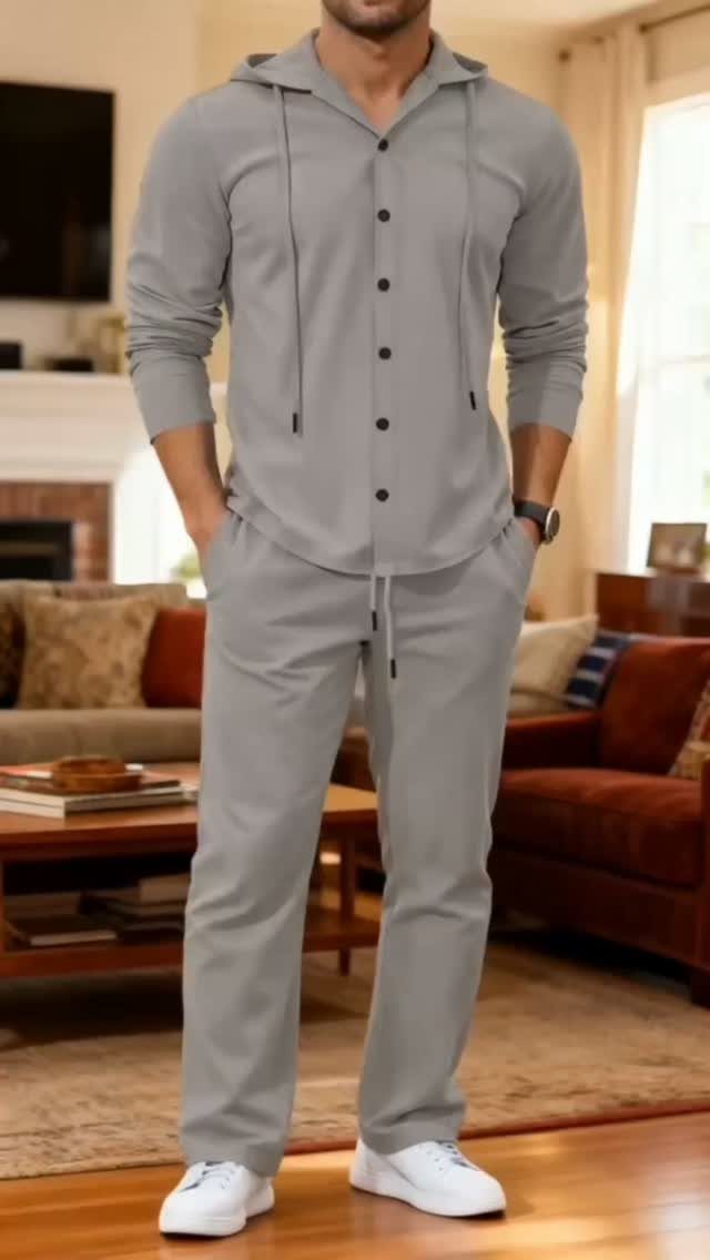 Man wearing a matching light gray hooded shirt and drawstring pants with white sneakers.