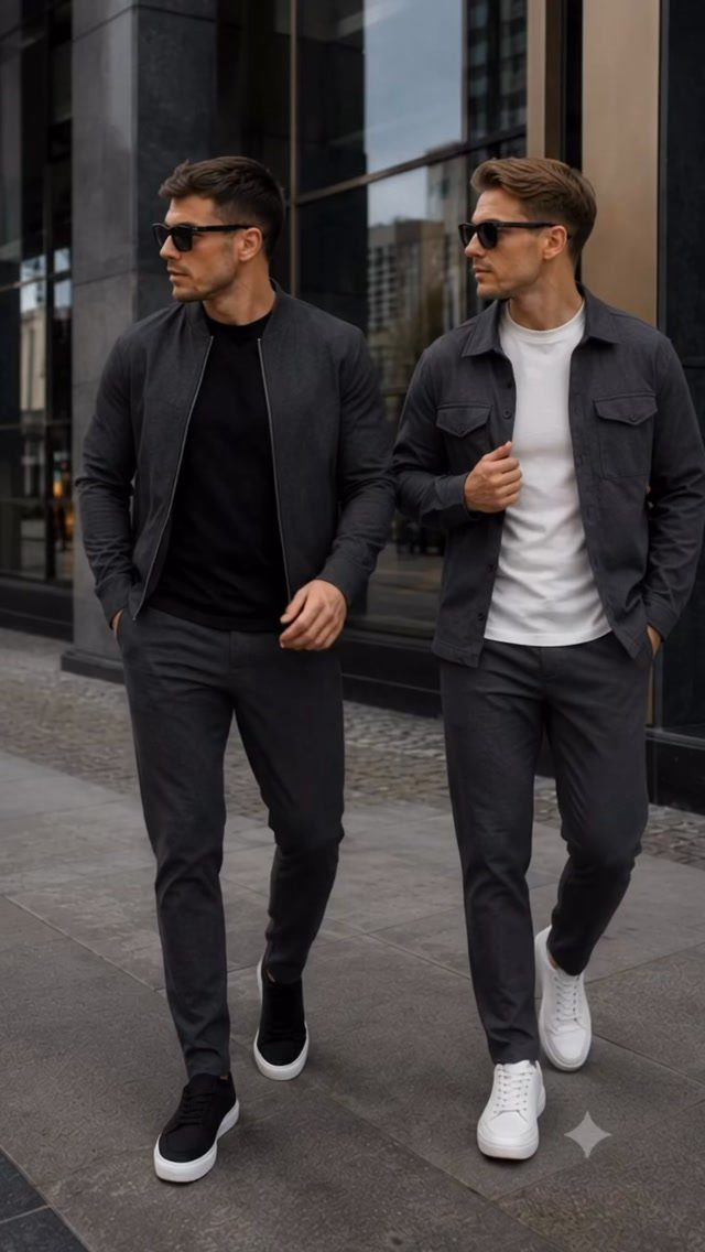Two men walking outdoors wearing casual dark gray jackets, t-shirts, and matching trousers with sneakers.