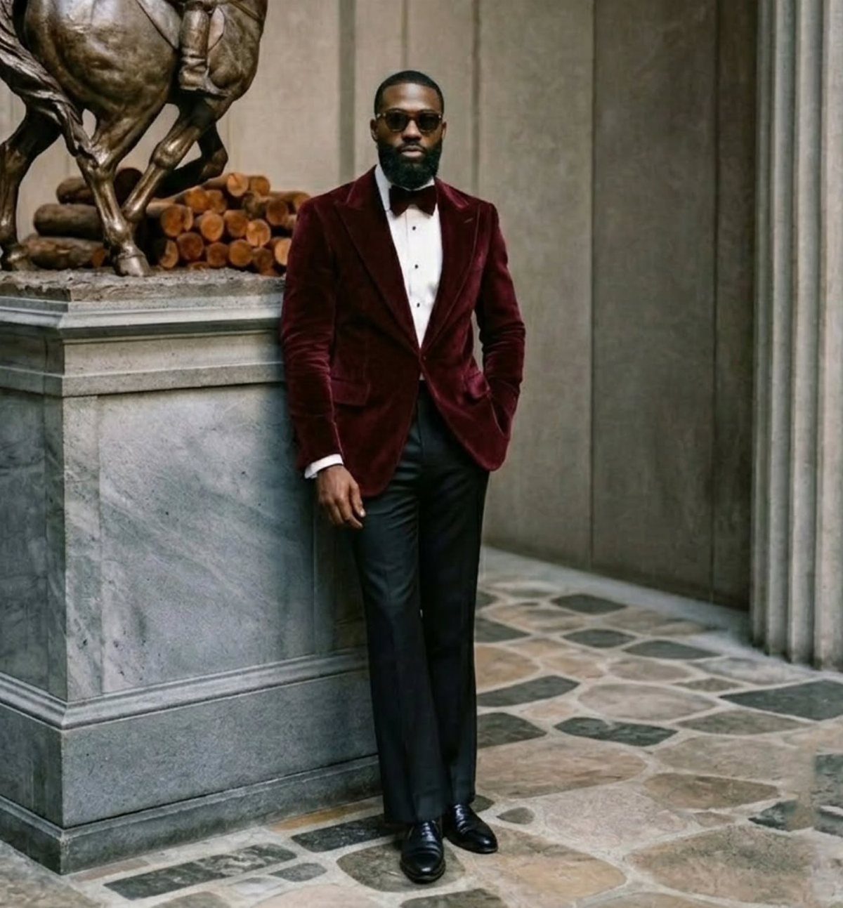 Man in a burgundy velvet blazer and black trousers leaning against a stone pedestal.