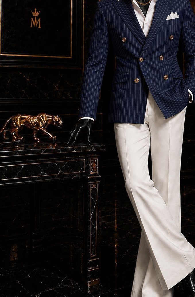 Man wearing a navy pinstriped blazer and white trousers standing by a marble table.