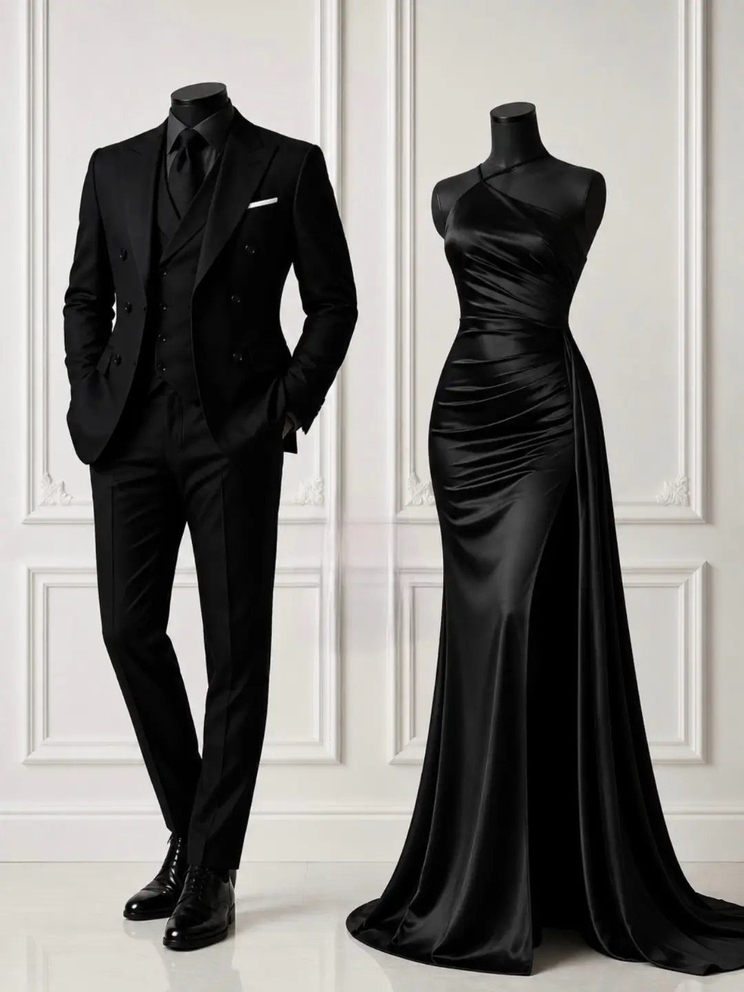 Black three-piece suit and black satin evening gown displayed on mannequins against a white wall.