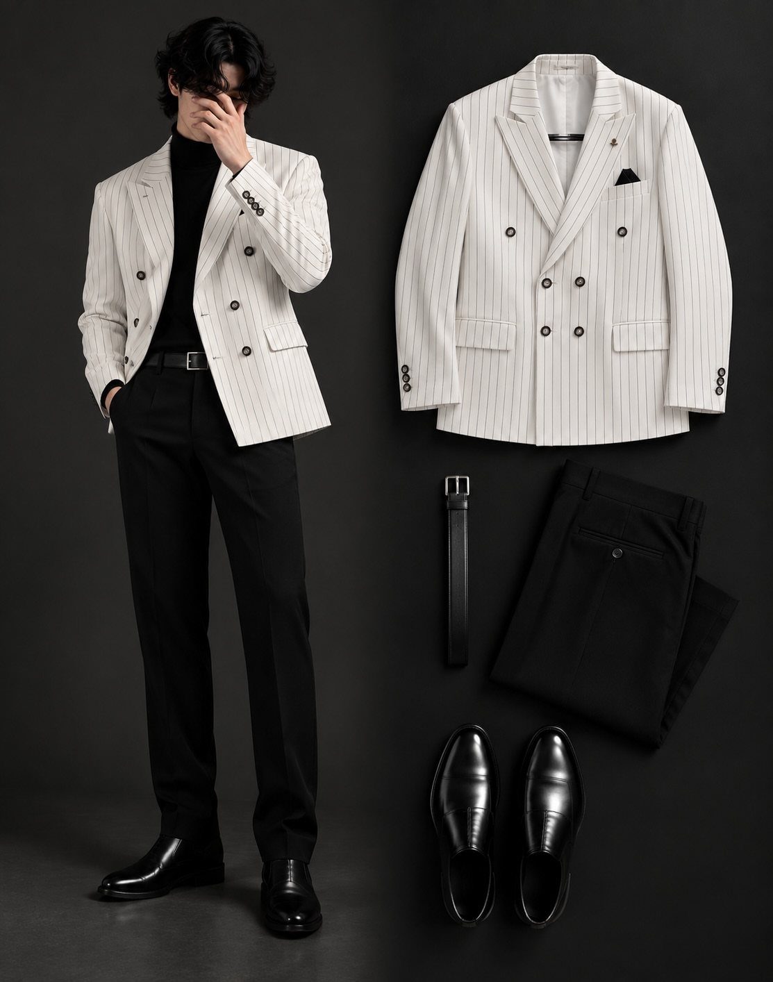 Man in a white pinstriped blazer and black trousers standing next to a flat lay of matching clothing items.