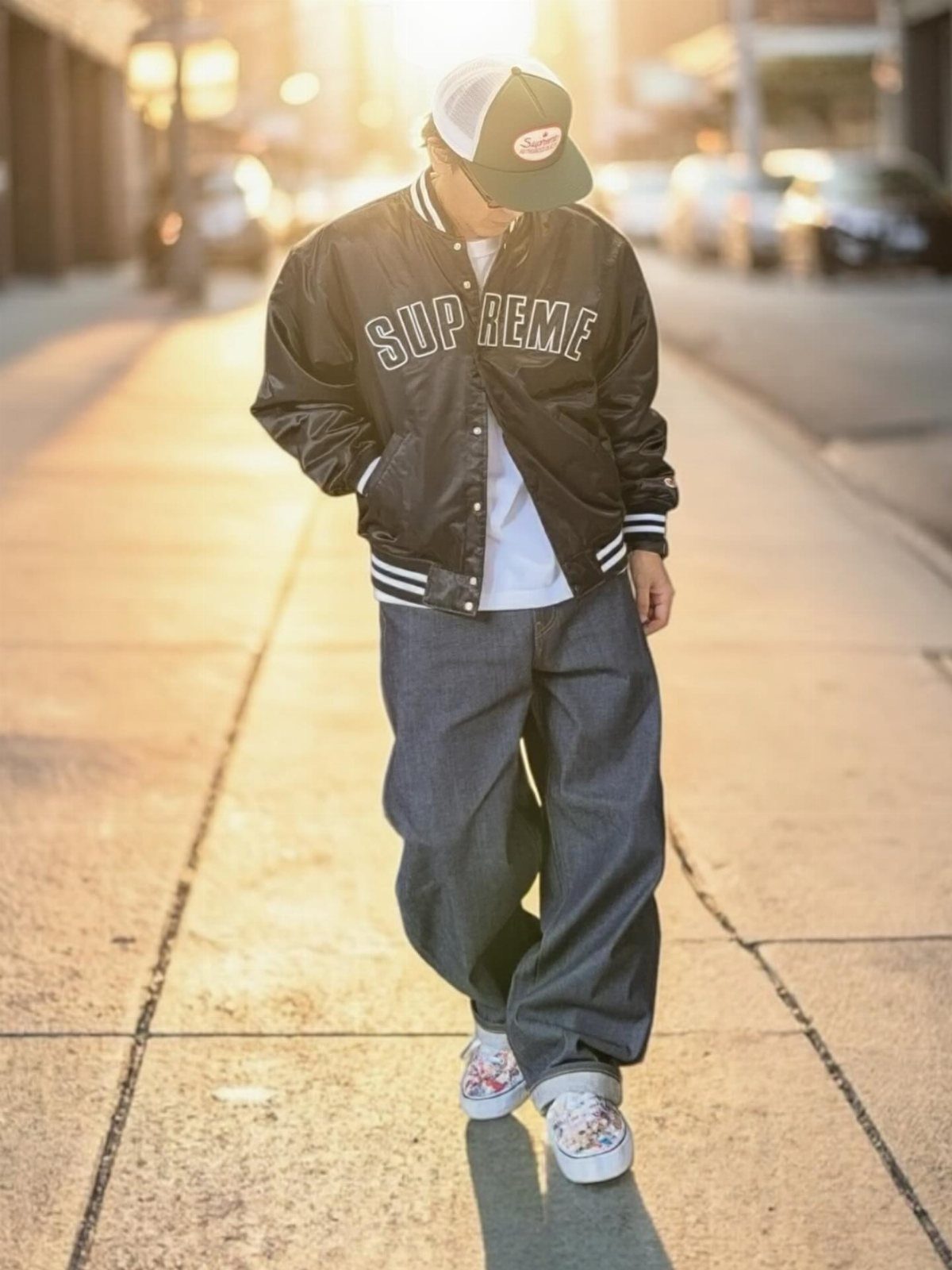 Man walking down a sunny city street wearing a black satin Supreme varsity jacket and baggy jeans.