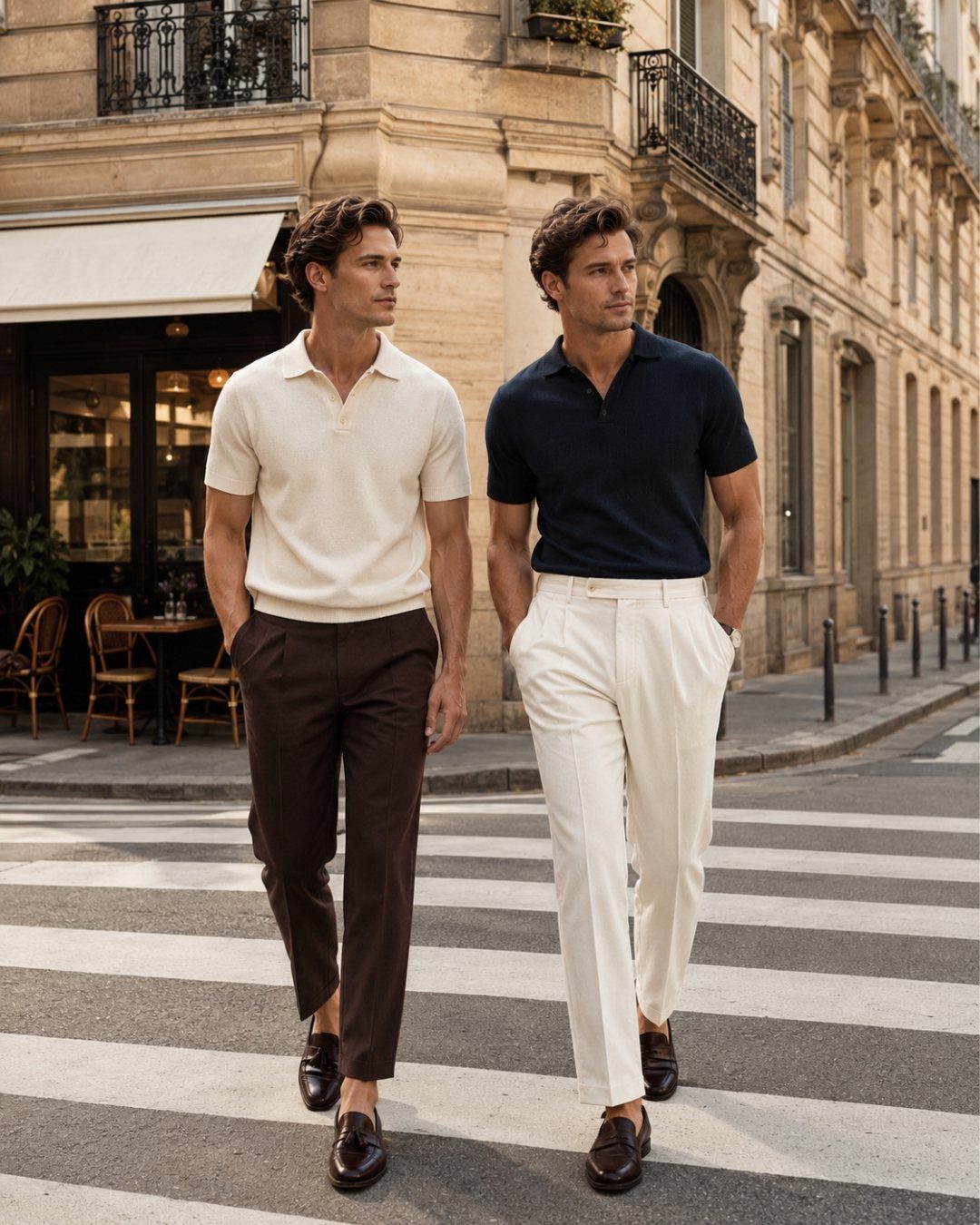 Two men in stylish polo shirts and trousers walking across a city street crosswalk.