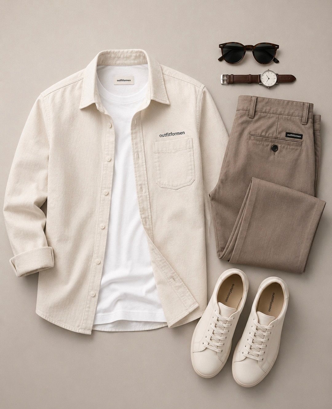 Cream button-down shirt, white t-shirt, tan trousers, and white sneakers arranged in a flat lay.