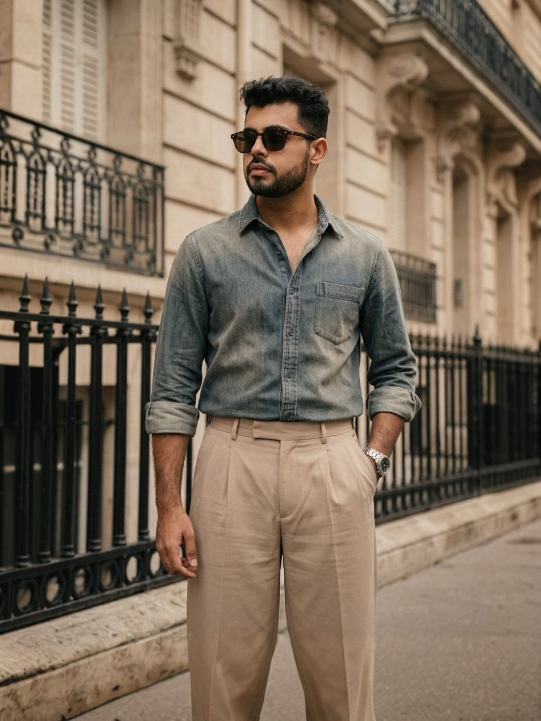 Man in a denim shirt and beige trousers standing by a black iron fence.