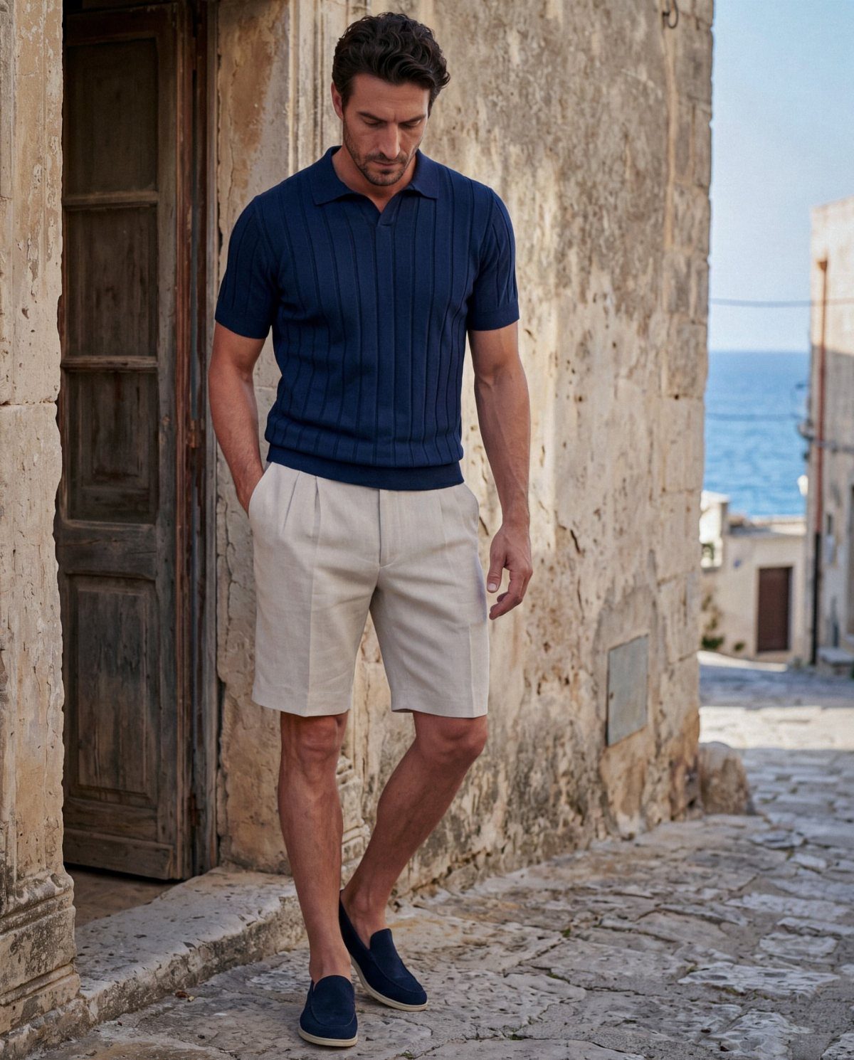 Man walking in a coastal village wearing a navy polo and cream linen shorts.