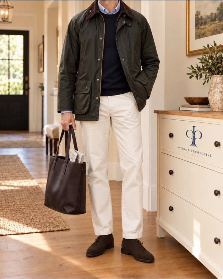 Man in a green field jacket, navy sweater, and cream trousers holding a leather tote bag.