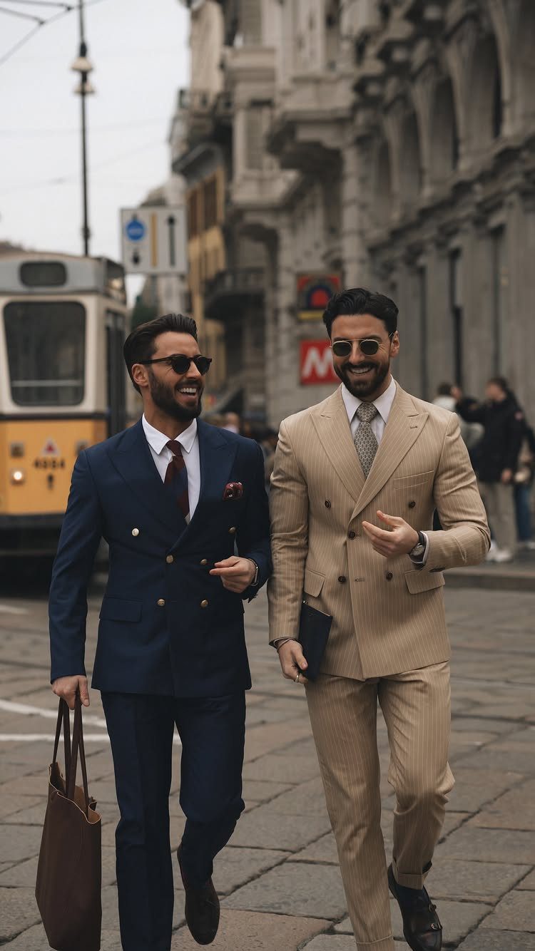 Two men in stylish double-breasted suits walking together on a city street.