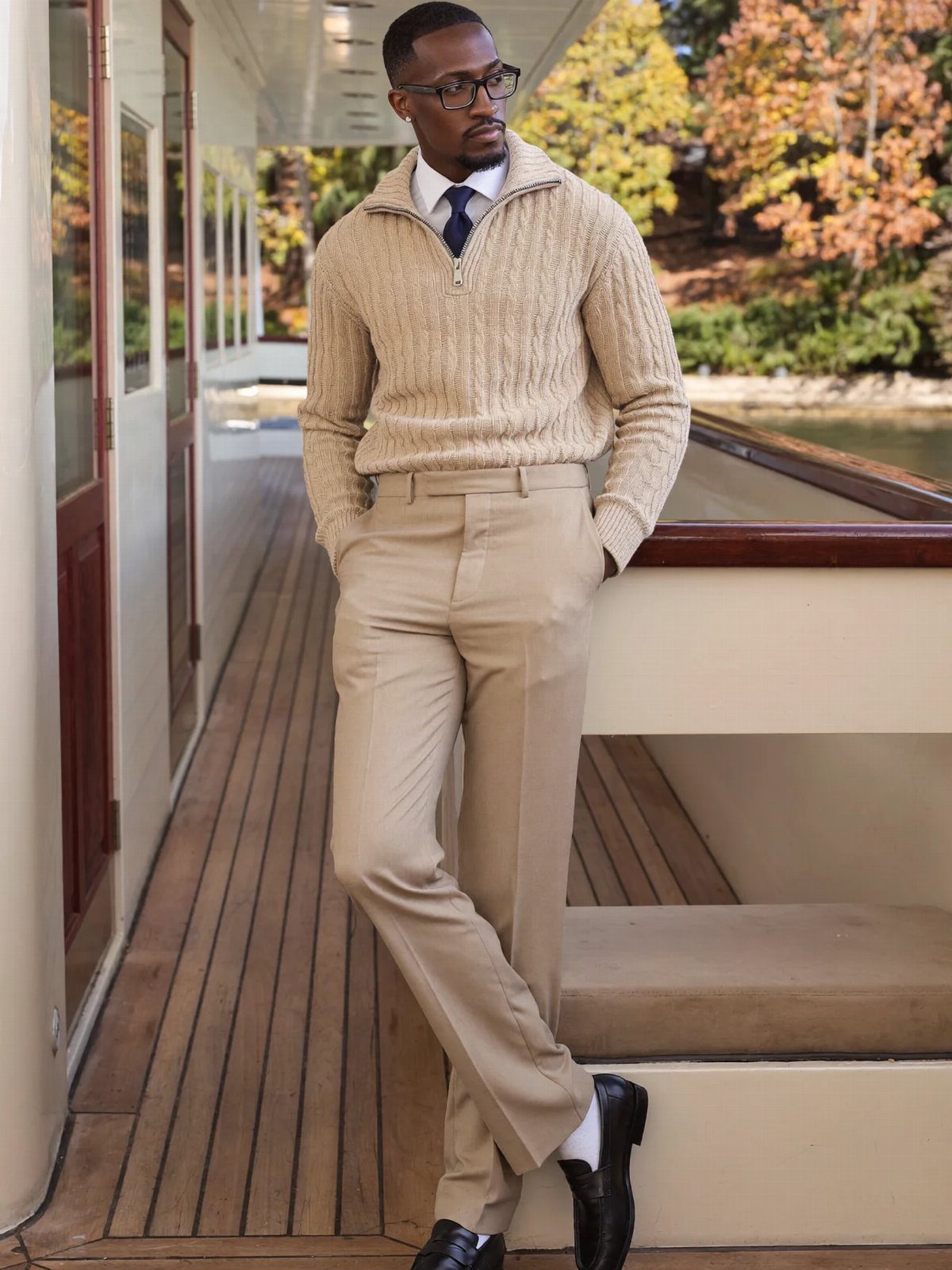 Man in a beige cable-knit sweater, tie, and tan chinos posing on a wooden boat deck.
