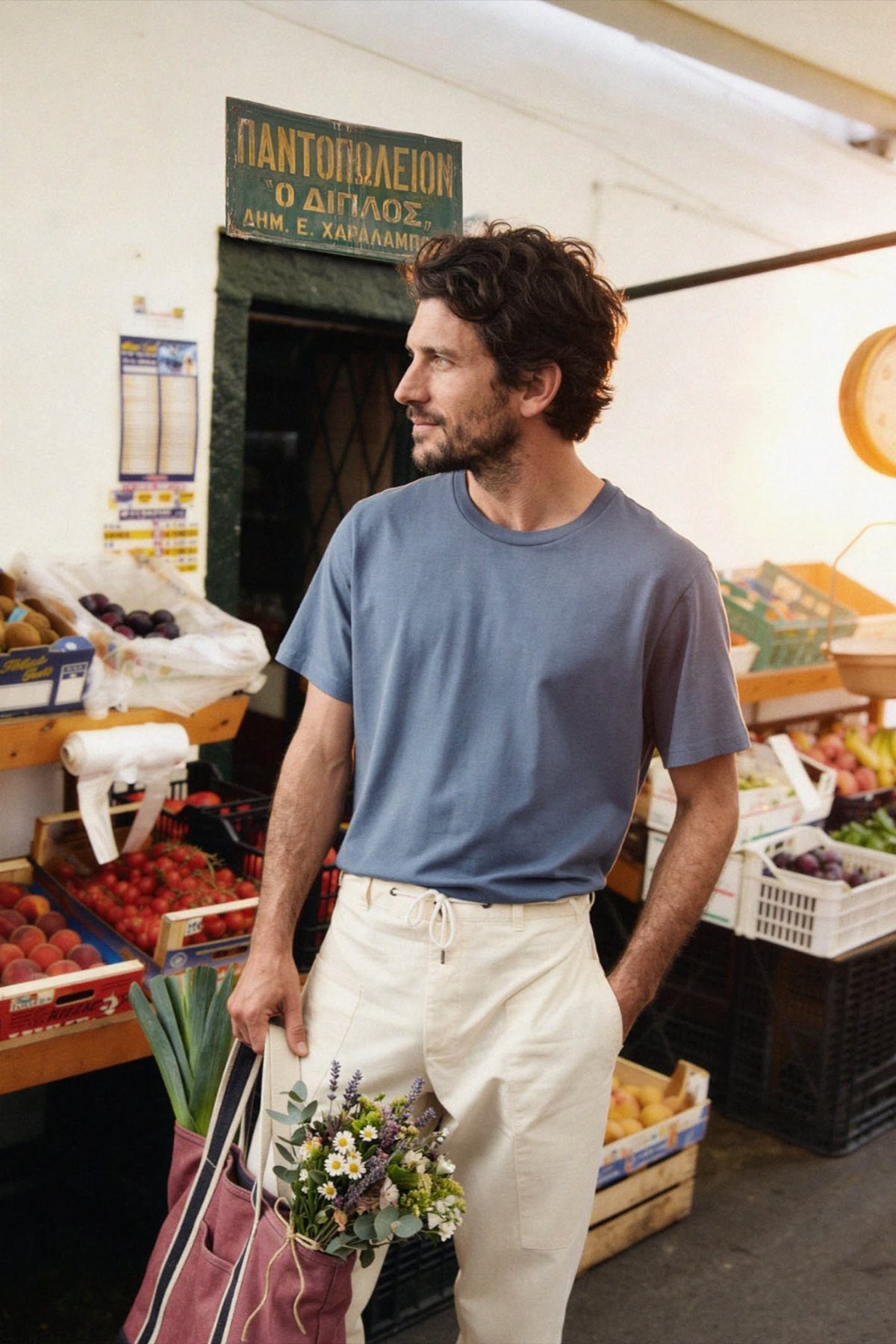 A man wearing a blue t-shirt and cream trousers standing in an outdoor fruit and vegetable market.