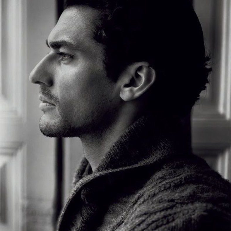 A handsome man in profile wearing a textured sweater looking thoughtfully into the distance.