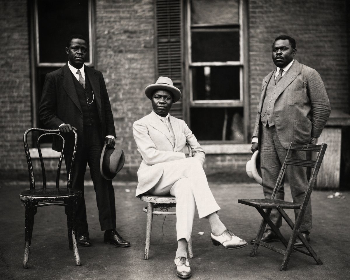 Three men posing in elegant three-piece suits and hats in front of a brick building.