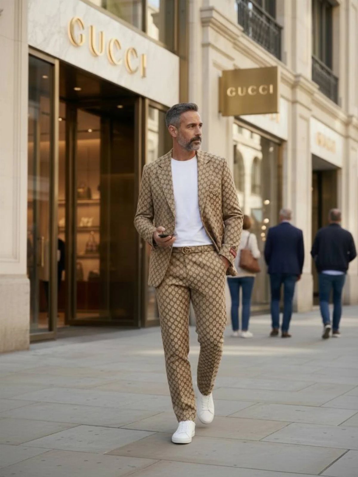 Man in a tan patterned suit walking past a Gucci storefront on a city street.