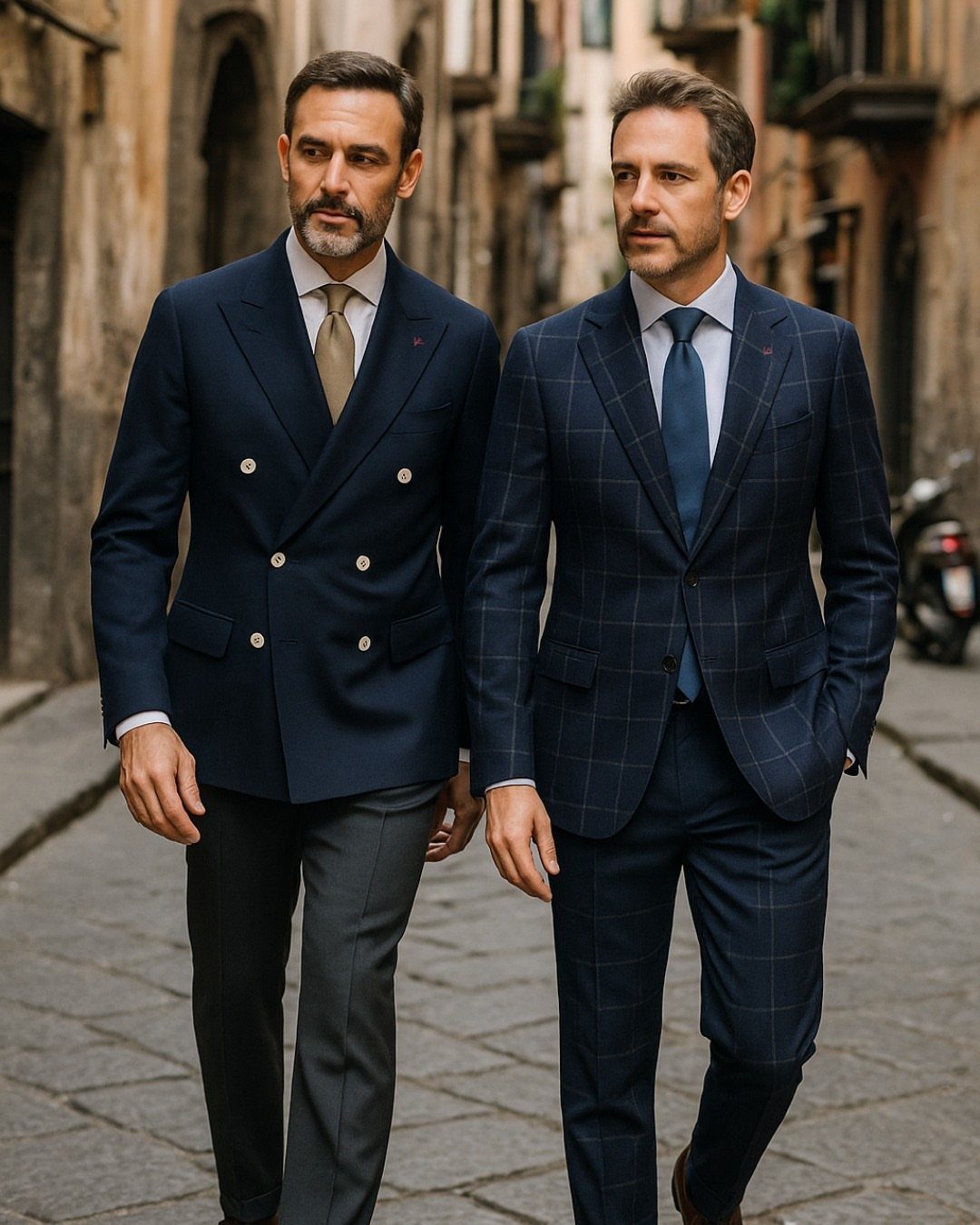 Two men in tailored suits walking through a narrow, historic cobblestone street.