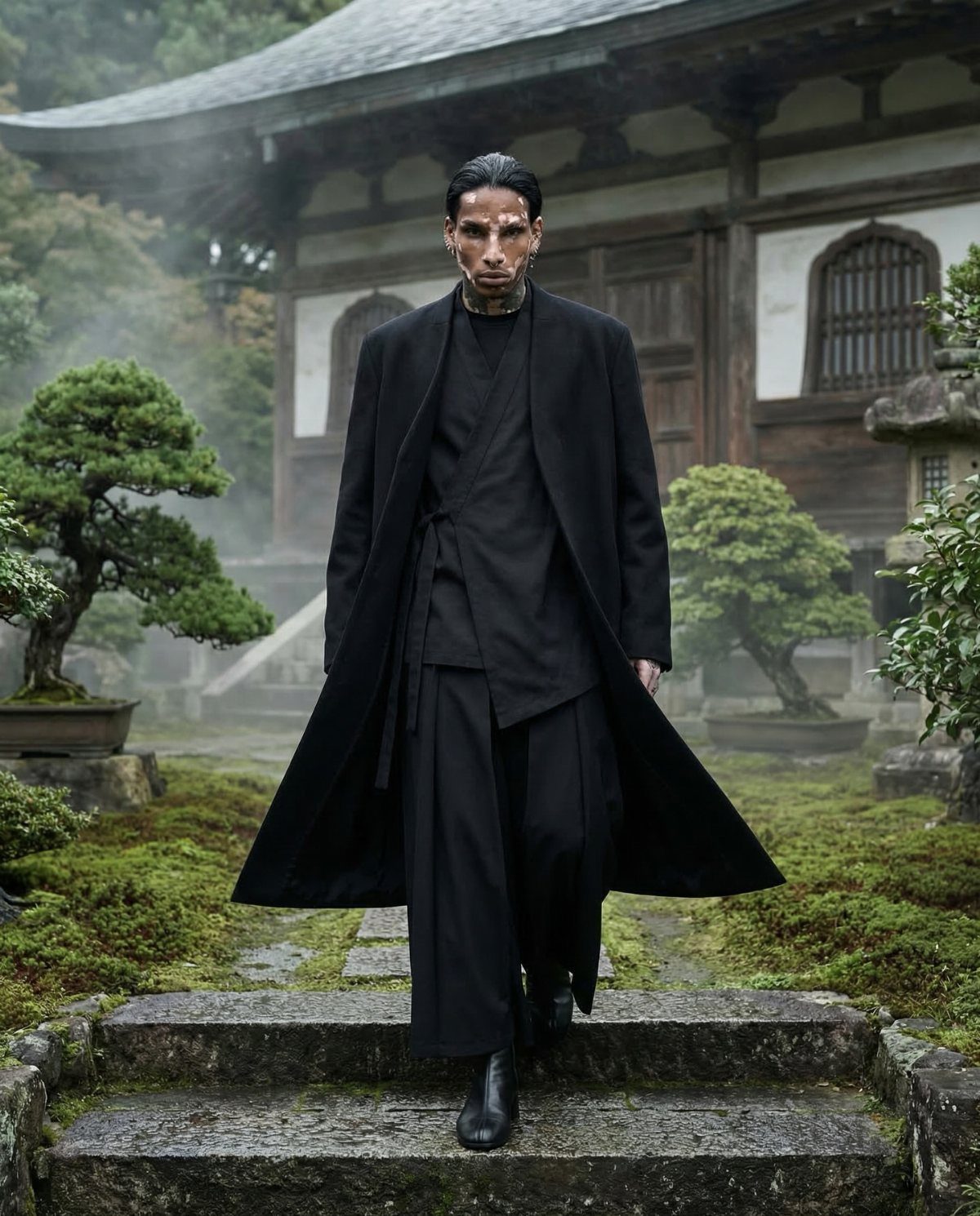 A person in layered black minimalist clothing walking through a misty Japanese garden setting.