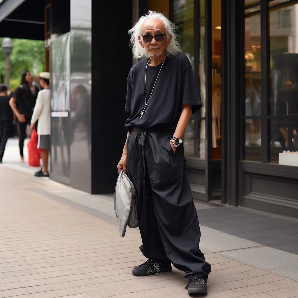 Man with long white hair wearing oversized black minimalist clothing standing on a city sidewalk.
