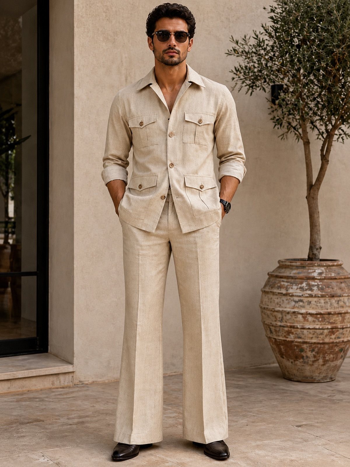 A man posing in a beige linen jacket and wide-leg trousers outdoors.