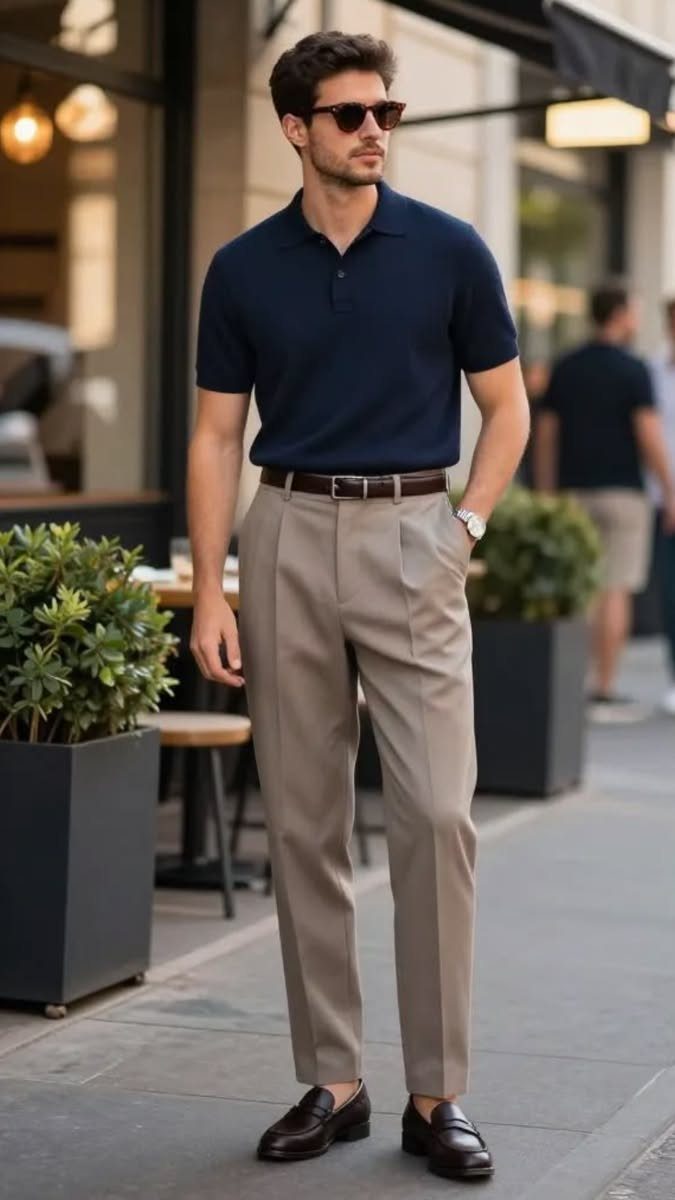 A man wearing a navy polo shirt, beige pleated trousers, and black loafers standing outdoors.