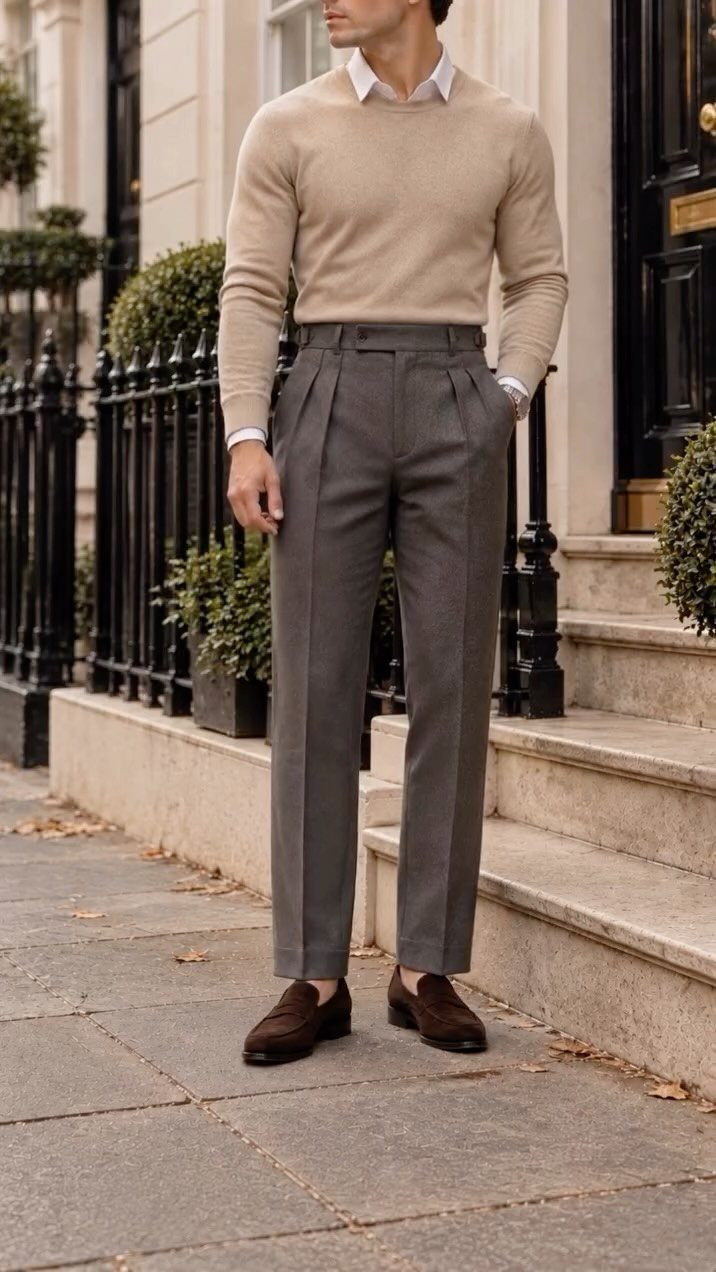 A man wearing a beige sweater, grey pleated trousers, and brown loafers standing on stone steps.